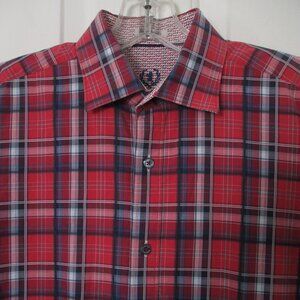 Bugatchi Mens L/S Red Cotton Casual Shirt - Size 14.5/33-34 or Small Shaped Fit